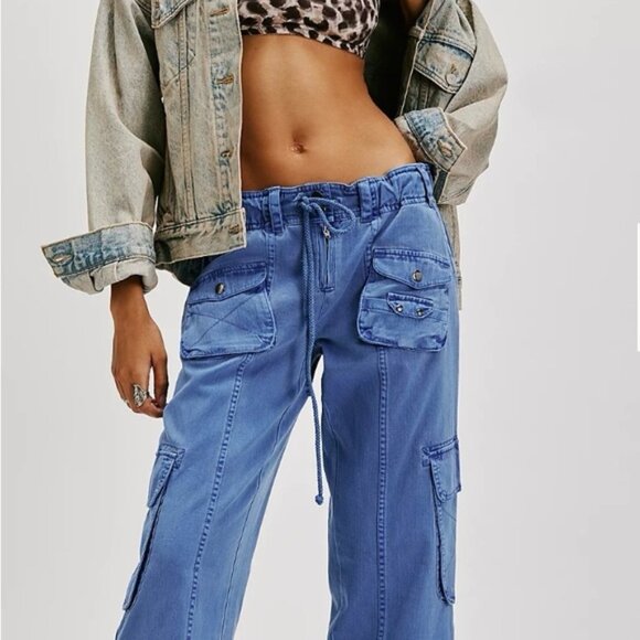 Free People Pants - Free People Tahiti Light Blue Cotton Elastic Drawstring Waist Cargo Pants